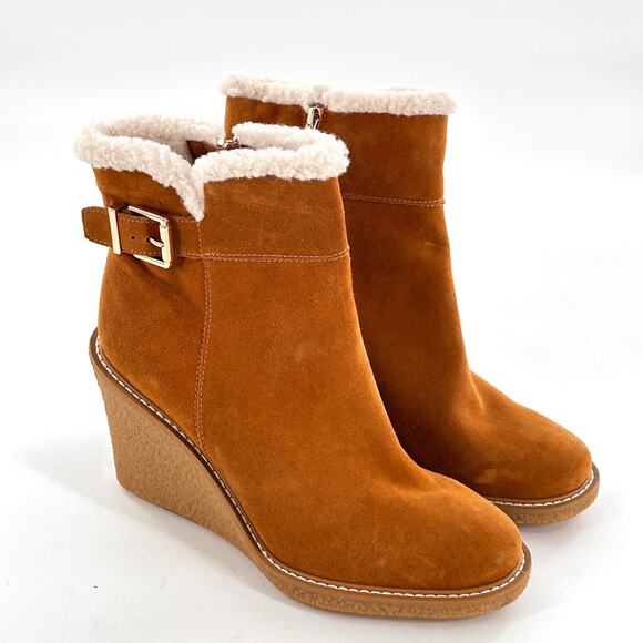 Franco Sarto Ulayna Ankle Bootie 10 NWOT Wedge Heel Tan Suede Boots Sherpa - Picture 9 of 11